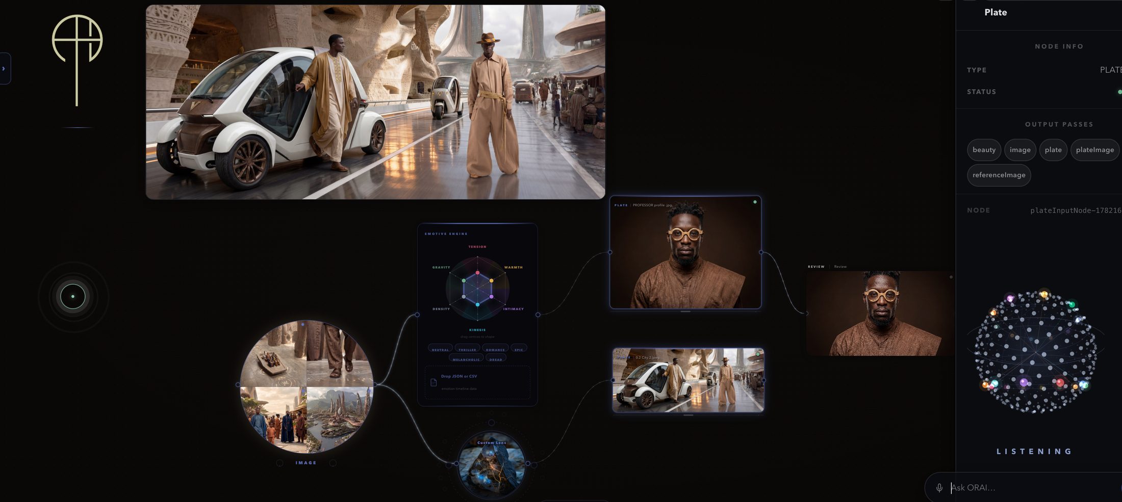 The ORAI production interface — node graph, Emotive Engine, plate and review nodes