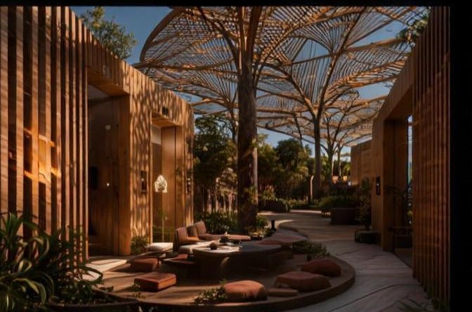 First Light theatre interior — timber walkway under the lattice canopy