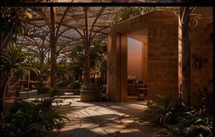 First Light theatre interior — shaded seating among planting
