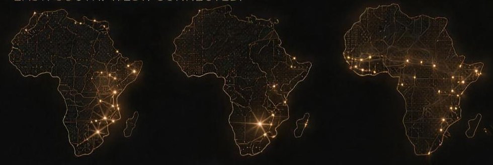 Three maps of Africa lit east, south, and west — the pan-African presence