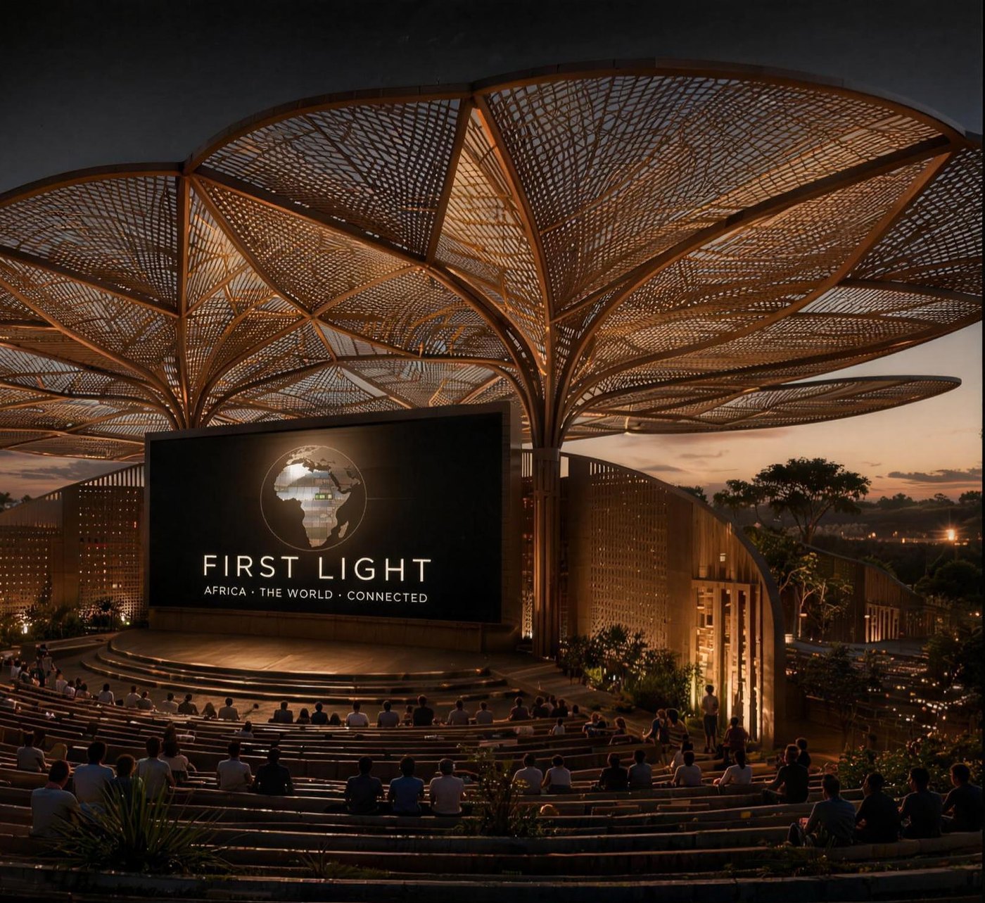 The First Light Theatre — woven-canopy open-air cinema at dusk