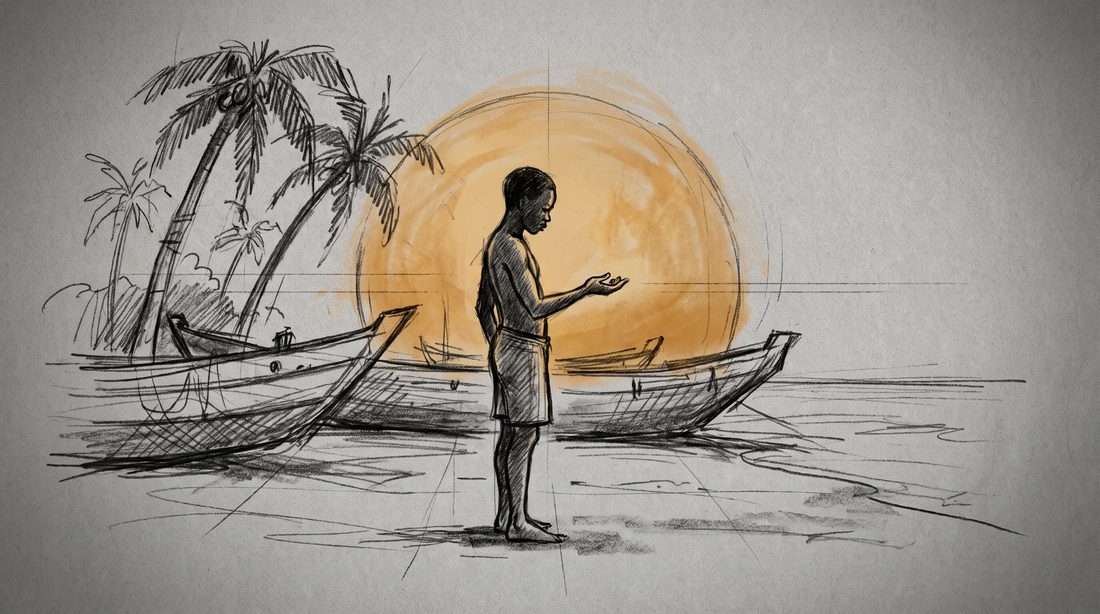 AI-generated storyboard — wide shot of Musa on the Freetown coast at dawn