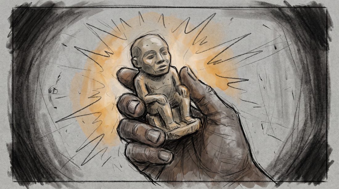 AI-generated storyboard — extreme close-up of the Nomoli stone waking in a hand