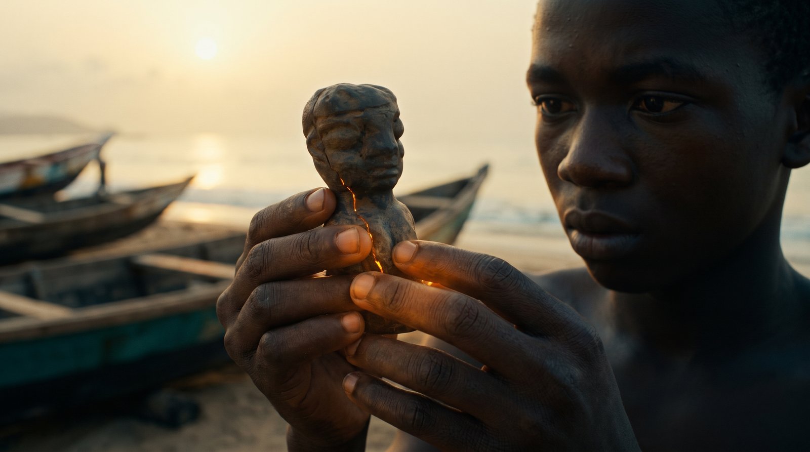 Final AI-generated frame — Musa holds the glowing Nomoli figurine at dawn on the Freetown coast